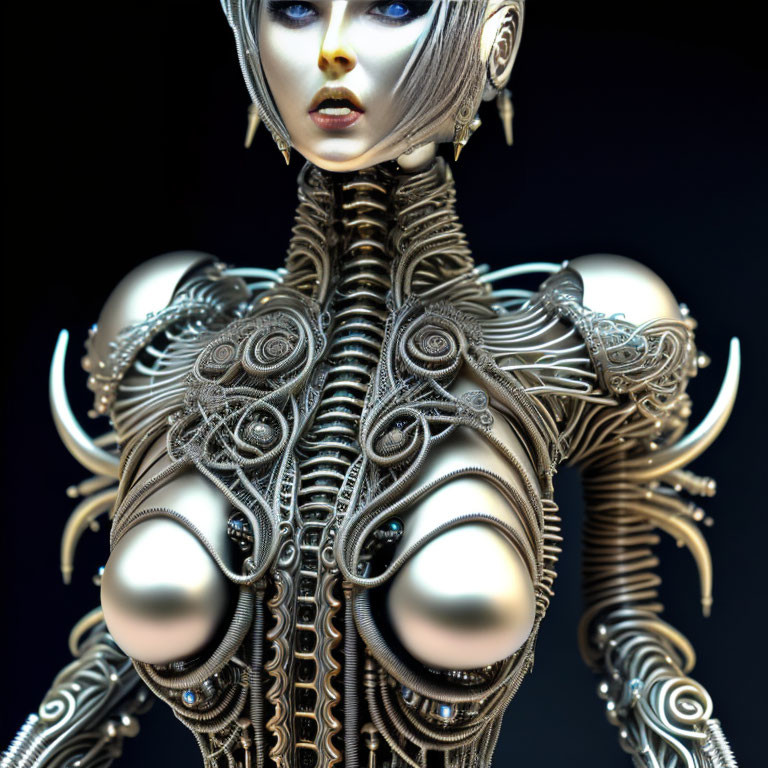 Detailed 3D-rendered female figure in metallic armor with silver hair on dark background