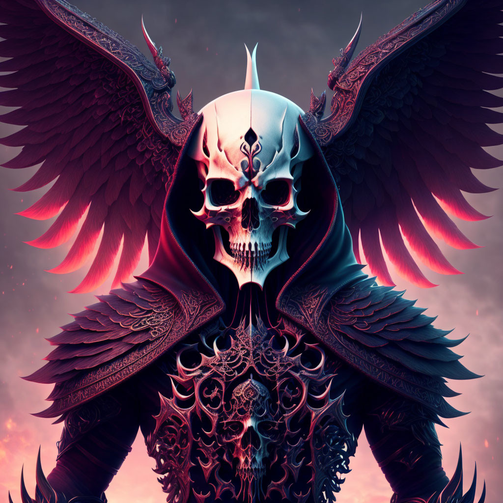 Fantasy Artwork: Skull-headed figure in ornate armor with red dragon wings against moody sky