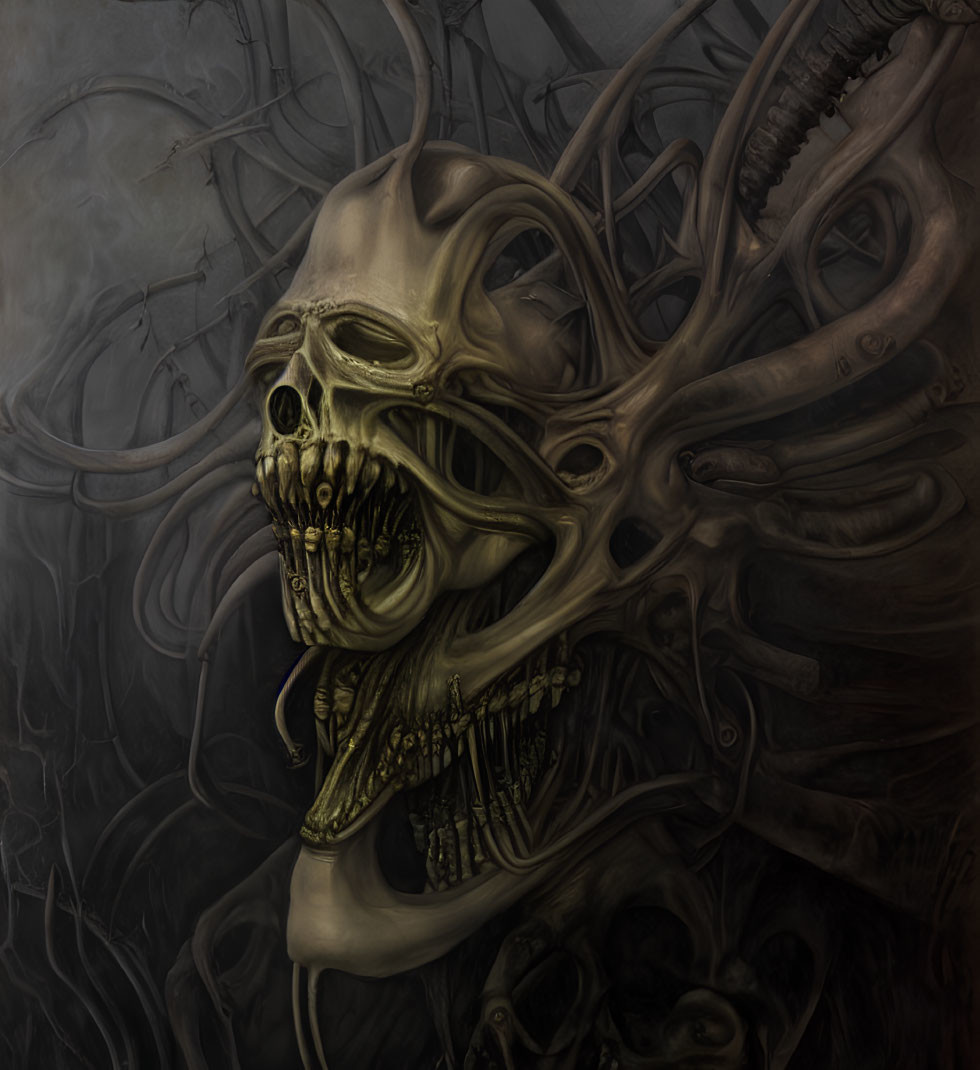 Detailed Skull Artwork with Intertwining Forms and Skeletal Figures