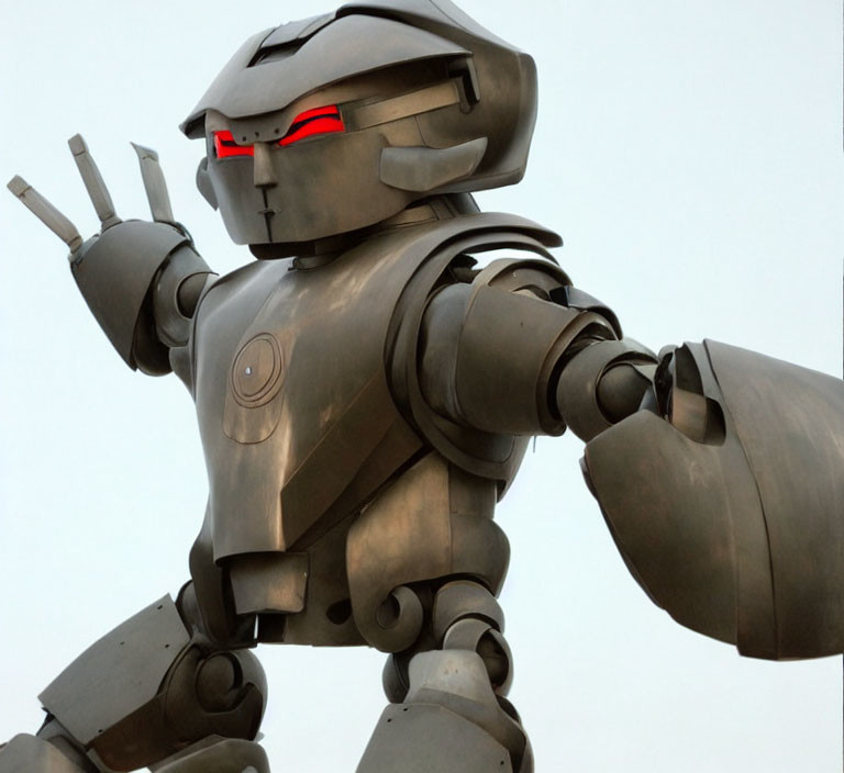 Metallic Robot with Glowing Red Eyes and Articulated Fingers Gesture against Plain Sky