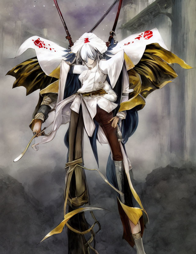 White-haired anime character in armor and robes with wings holding a bloodied sword