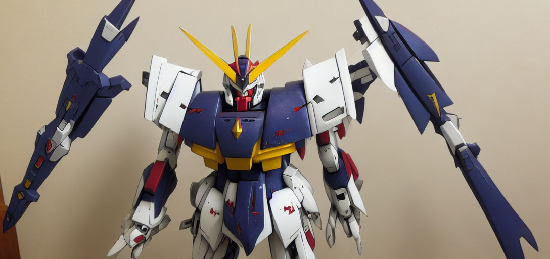 Detailed Blue and White Gundam Model with Yellow Accents