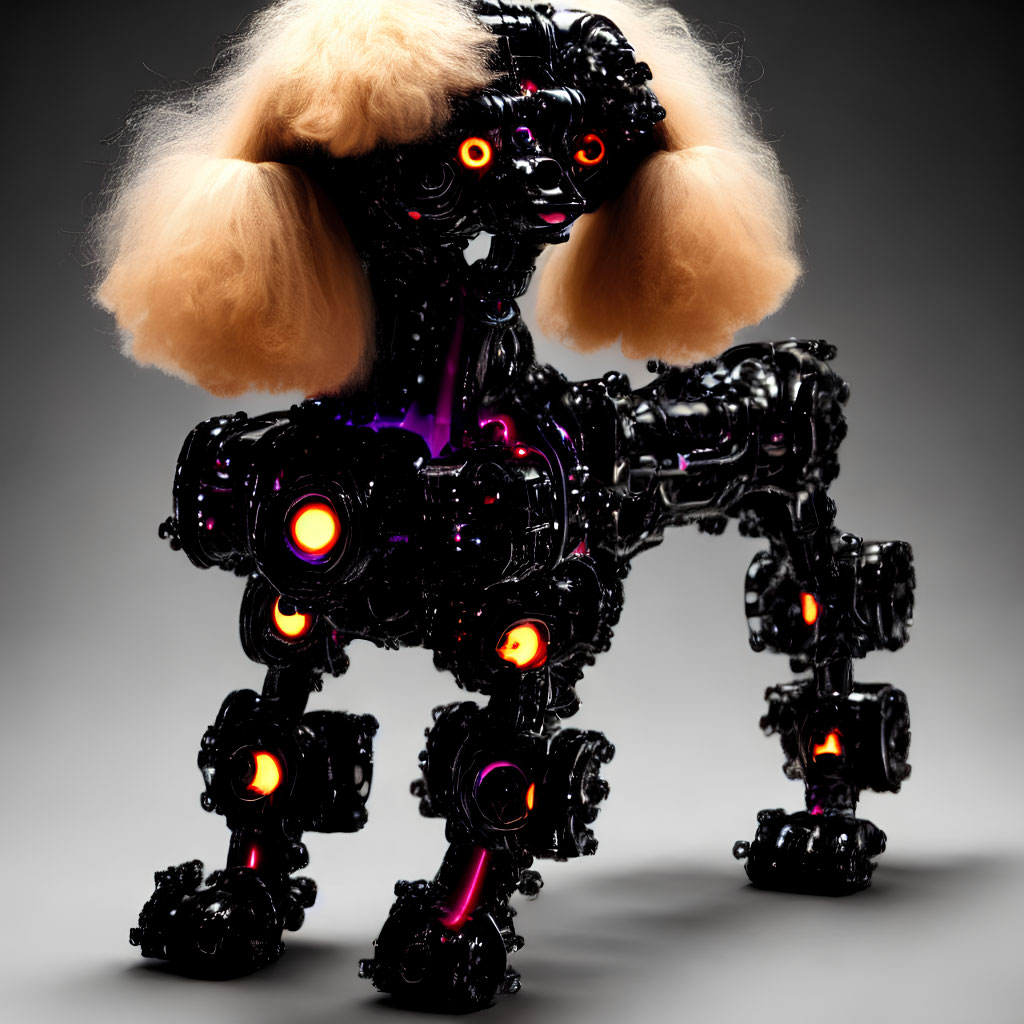 Futuristic robotic dog with black casing and neon purple lights and a blonde wig