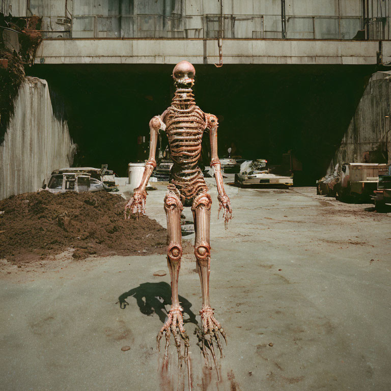 Human skeleton model in industrial setting with concrete structures and vehicles.