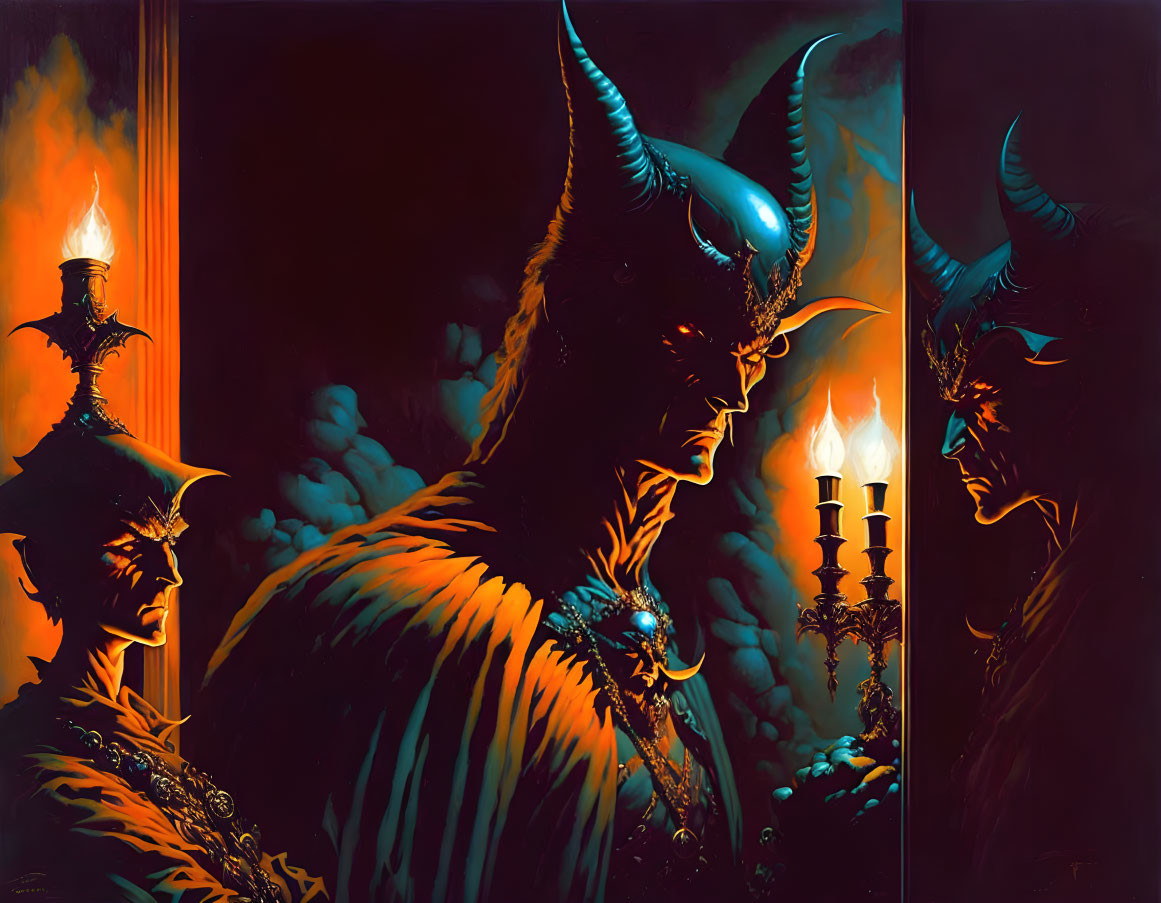 Dark Fantasy Art: Demonic Figure with Candelabra in Gothic Painting