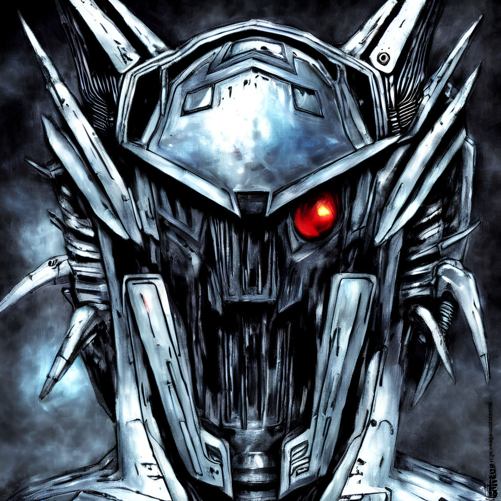 Detailed illustration of sharp metallic robot head with glowing red eye on dark background