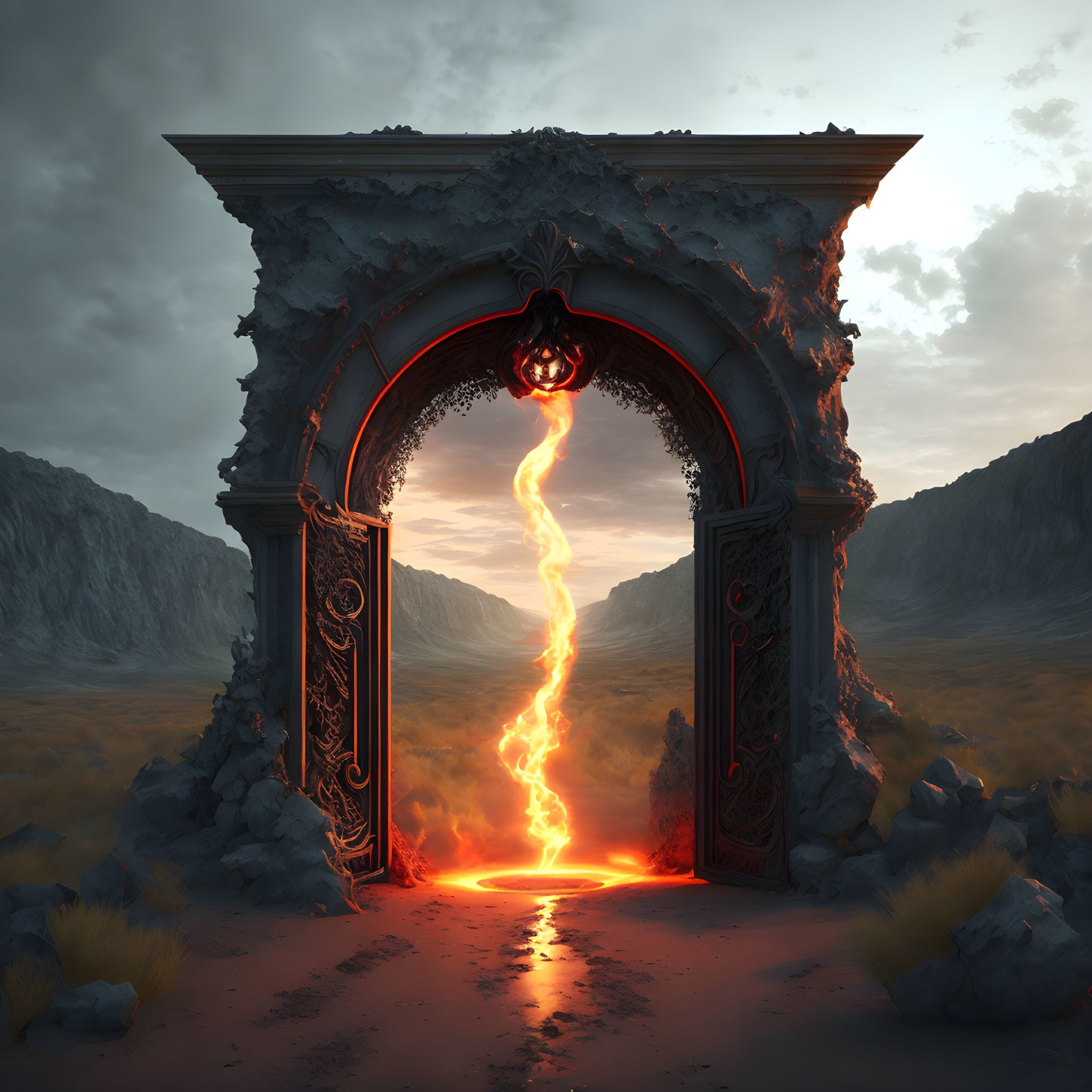 Mystical ornate portal in desolate landscape with fiery crack and glowing embers