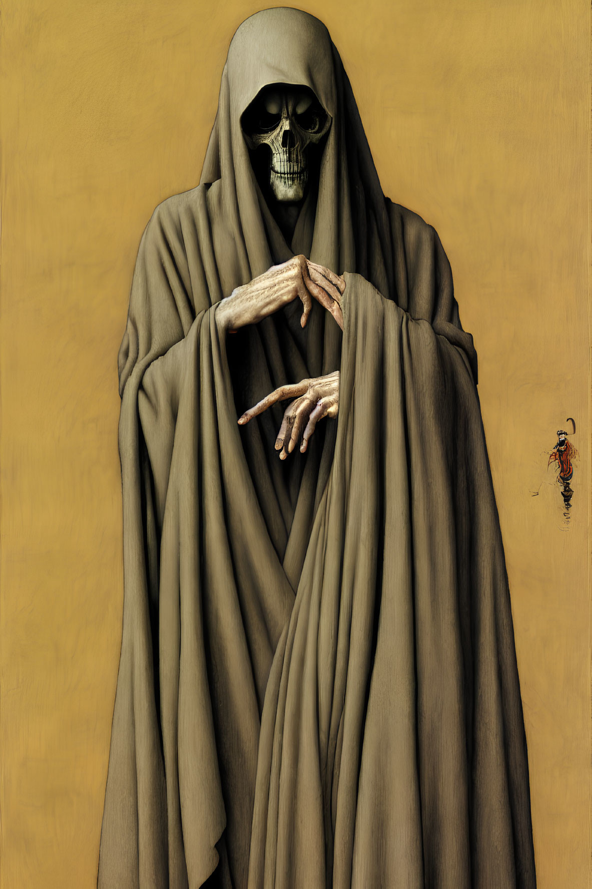 Skull-faced figure in brown cloak with elongated fingers on golden background