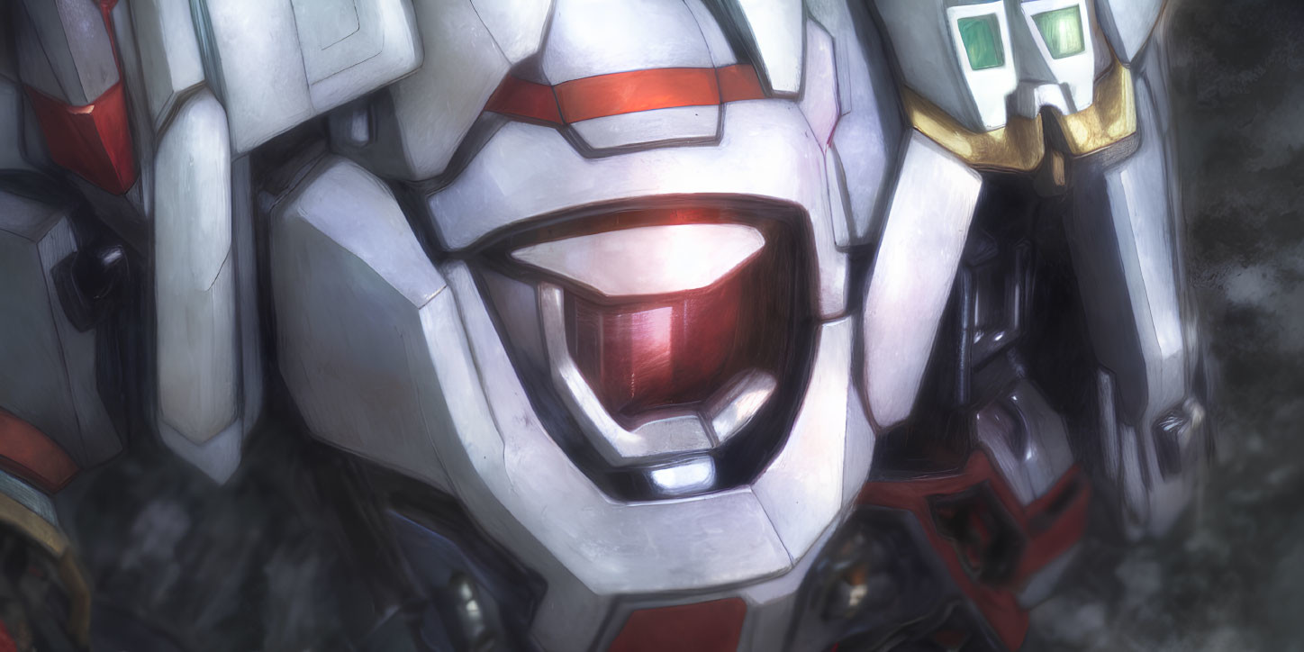 Detailed Robotic Face with Red Visor and White Armor