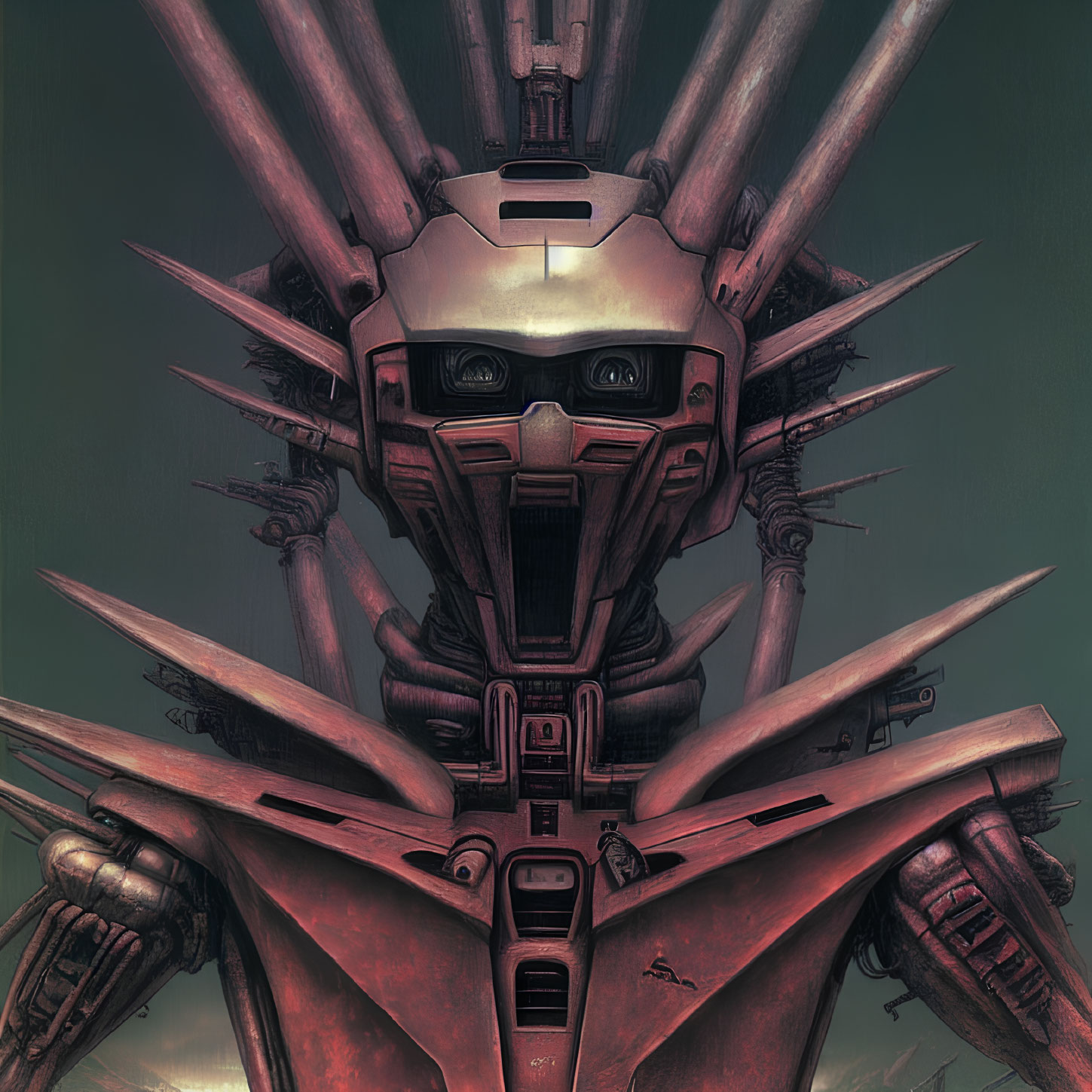 Detailed, Menacing Robot Face with Red Armor Plates