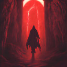 Cloaked figure in stone hallway facing glowing red portal