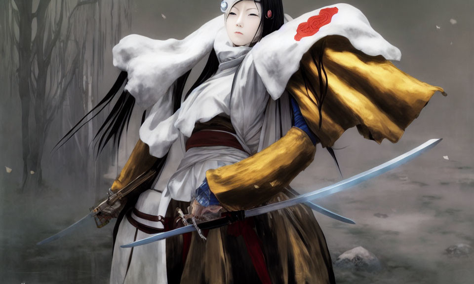 Pale-skinned animated character with white hair, dual swords, red and gold kimono, in mist