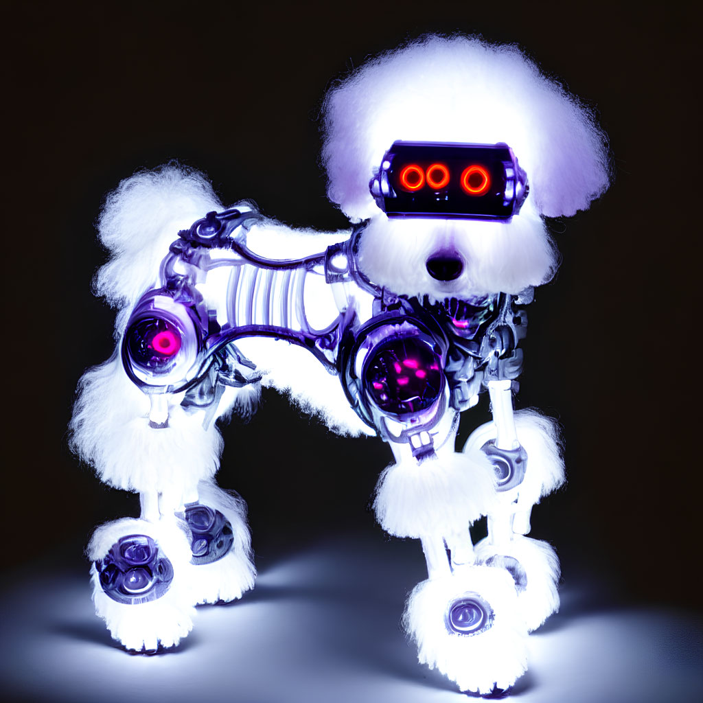 White Fluffy Robotic Dog with Purple and Red Illumination on Dark Background