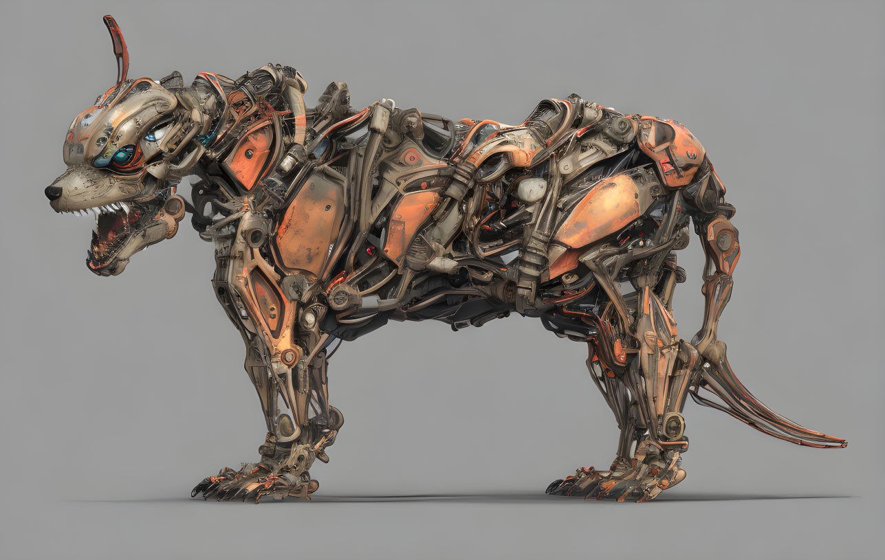 Detailed Image: Mechanical Robot Dog in Orange and Silver