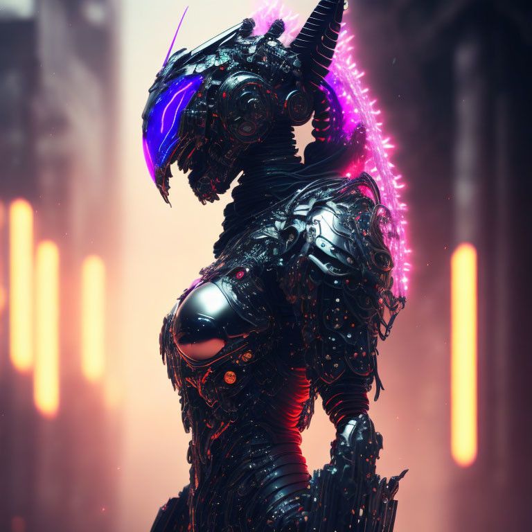 Futuristic robotic figure with glowing purple visor and neon accents on misty backdrop.