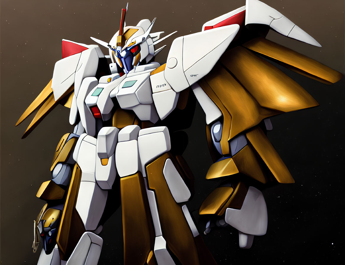 Mecha robot with white and gold armor in space-themed background