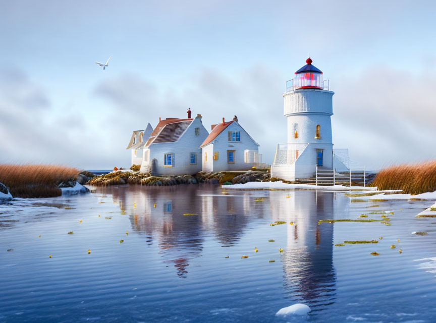 Tranquil landscape with lighthouse, house, and reflective water under blue sky