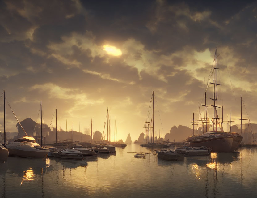 Sunset scene: sailboats on calm water with golden sunlight and silhouetted mountains