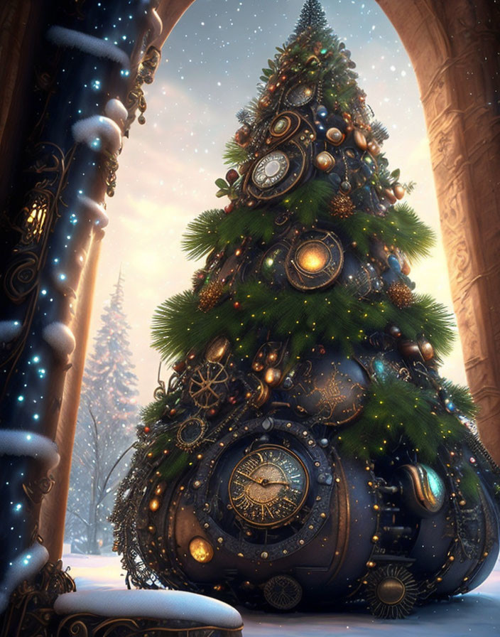 Steampunk Christmas tree with gears, clocks, and golden lights in snowy landscape