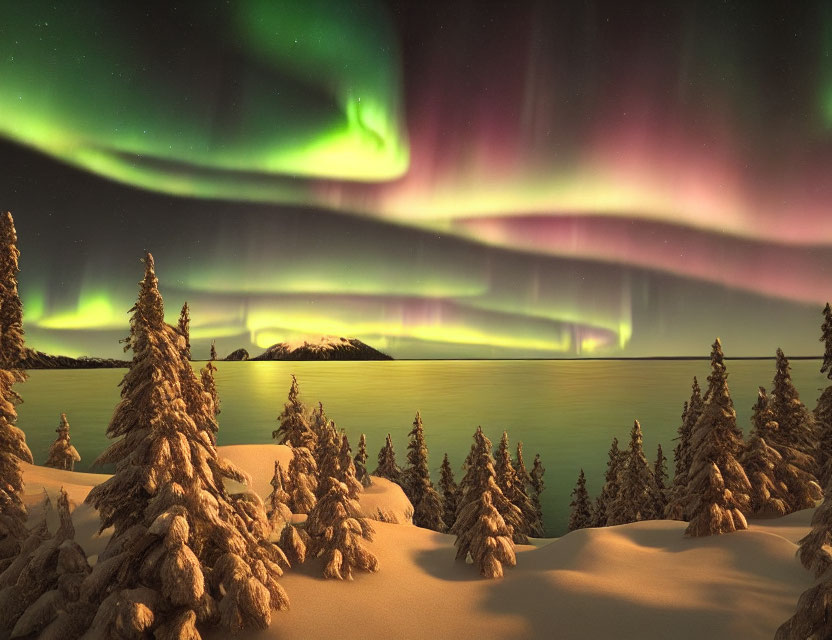 Snow-covered trees and frozen lake under northern lights