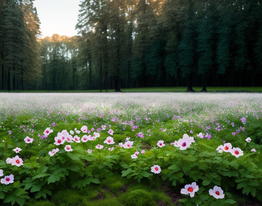 Tranquil meadow with white and pink flowers, leading to serene forest under dusky sky