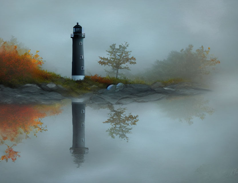 Black and white lighthouse on rocky edge in misty autumn setting