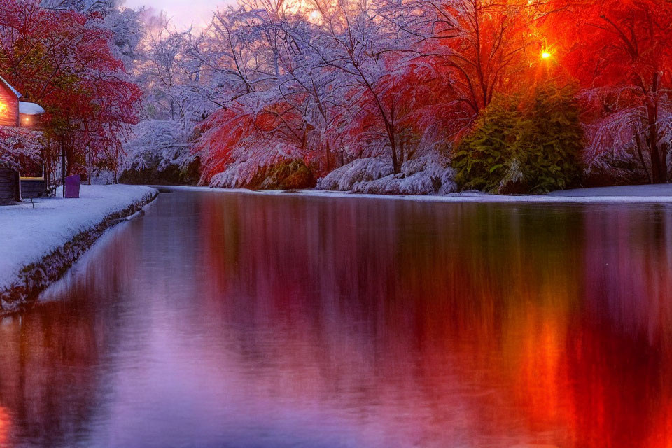 Tranquil Winter River Scene with Snow-Covered Trees at Dusk