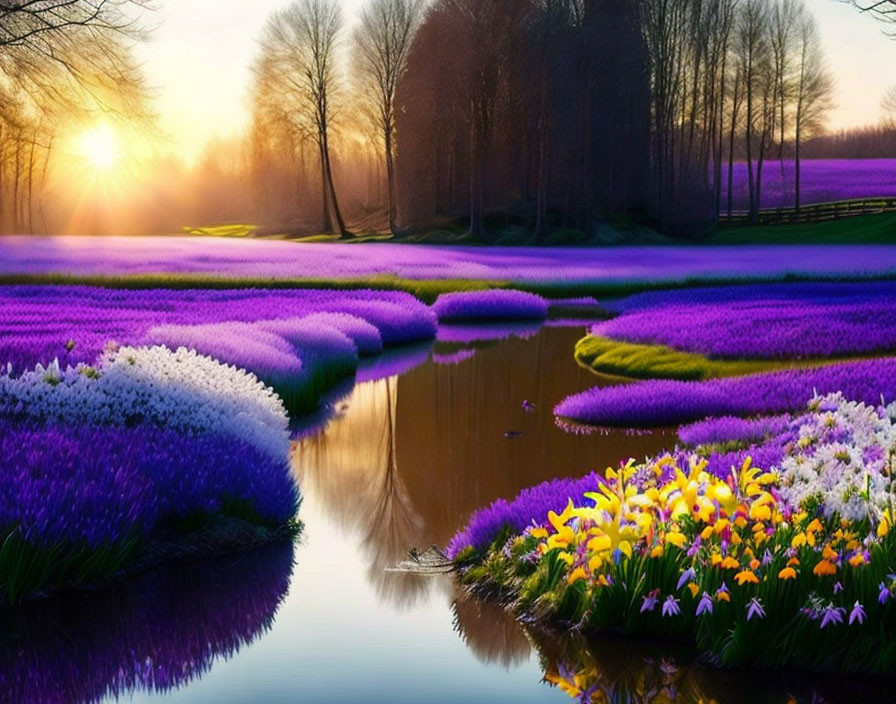 Vibrant Purple and Yellow Flower Field at Sunset