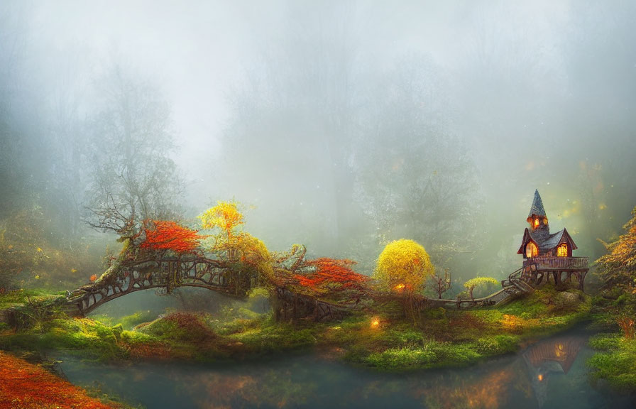 Cozy cottage in foggy autumn scene with glowing windows