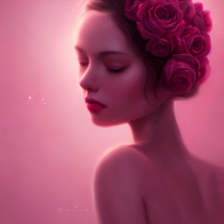 Serene woman with crown of roses in soft pink glow