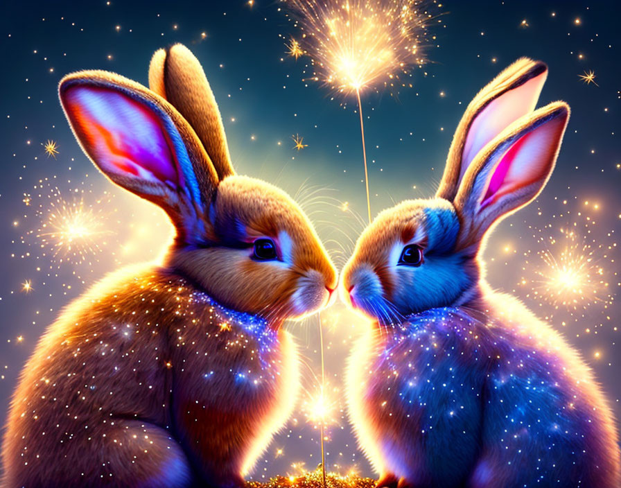 Celestial-themed rabbits with dandelion on starry background