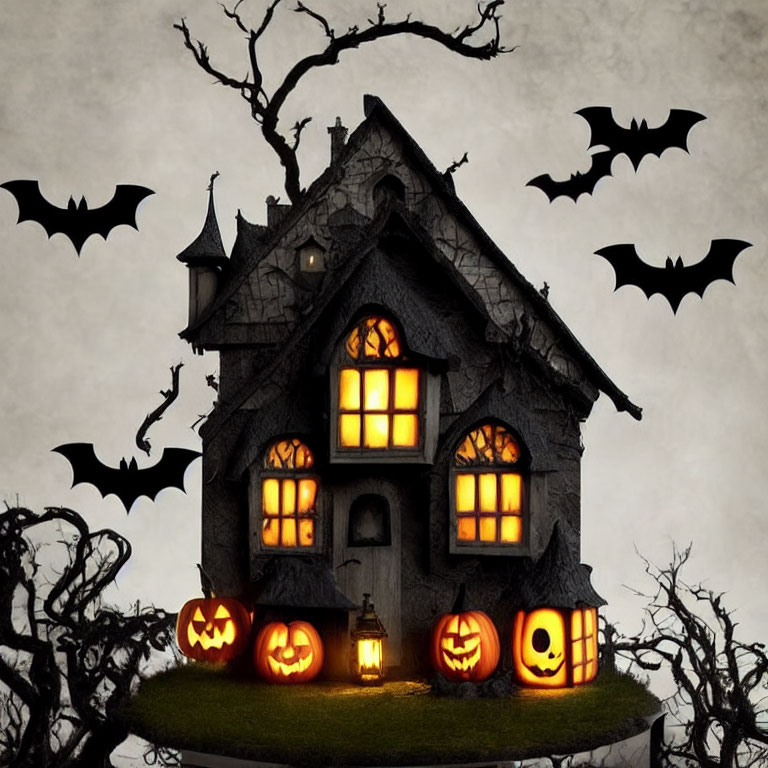 Haunted house, glowing pumpkins, flying bats in spooky Halloween scene