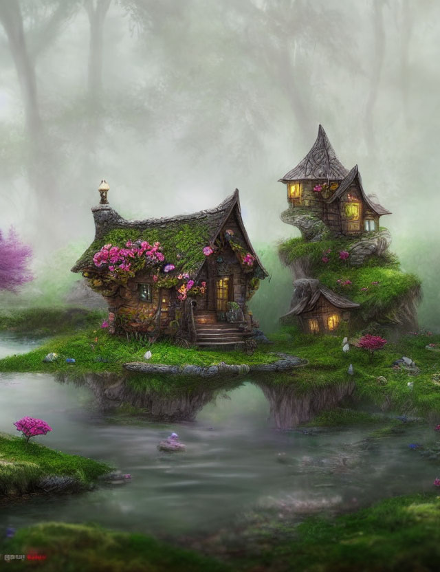 Moss-Covered Cottage on Island in Foggy Forest Pond