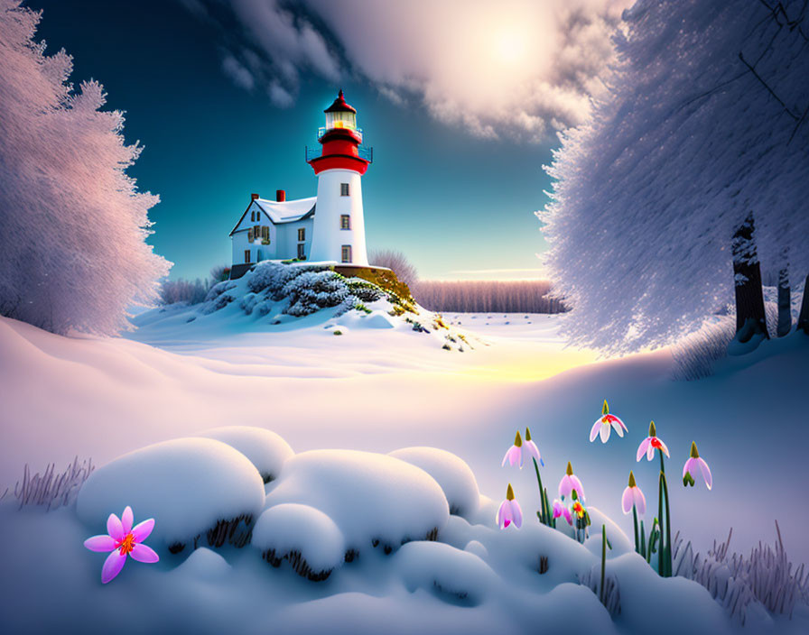 Snow-covered lighthouse with red top in winter landscape.