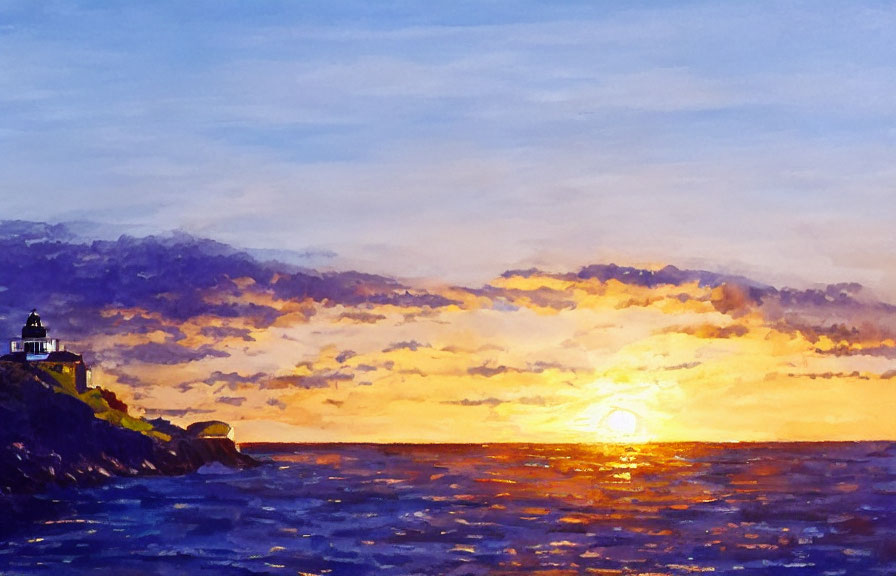 Colorful sunset painting: sea, lighthouse, golden and purple sky