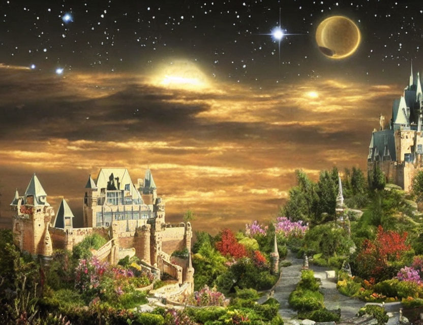 Majestic castles in fantasy landscape with gardens under starry sky