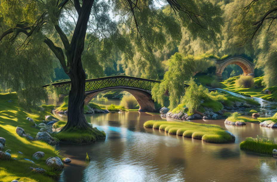 Tranquil landscape with flowing river and ornate bridge