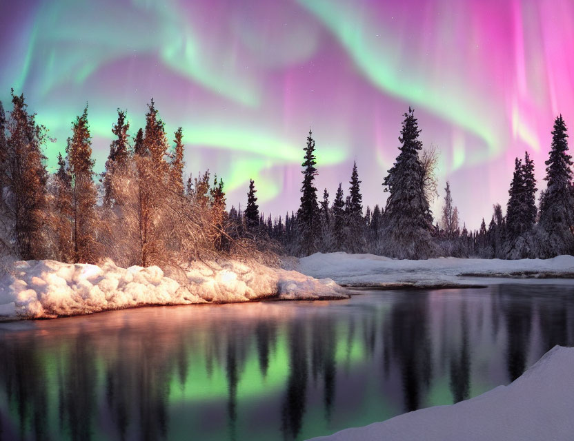 Northern Lights illuminate snowy landscape with river and trees at twilight