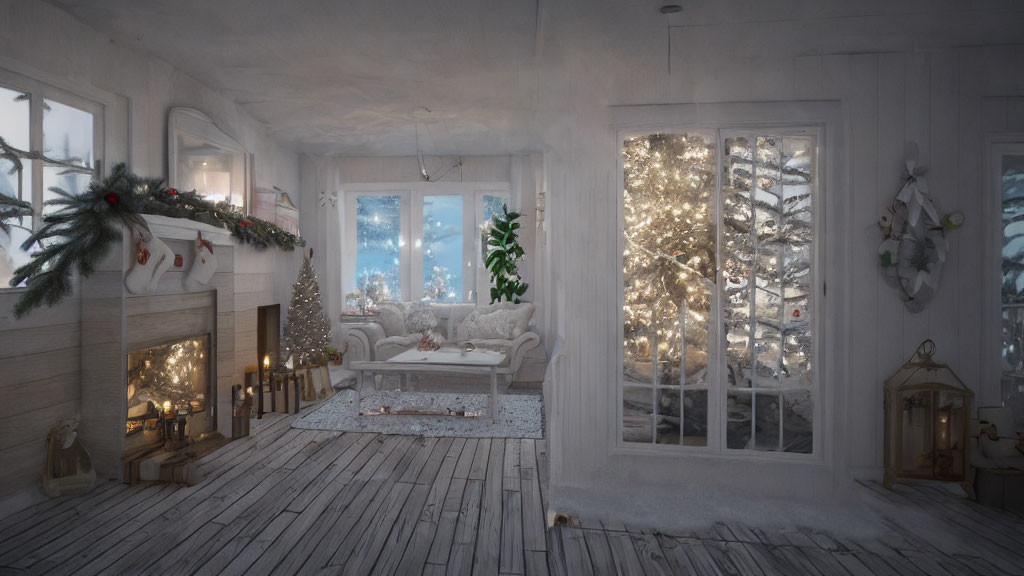 Festive Winter Living Room with Christmas Tree and Fireplace