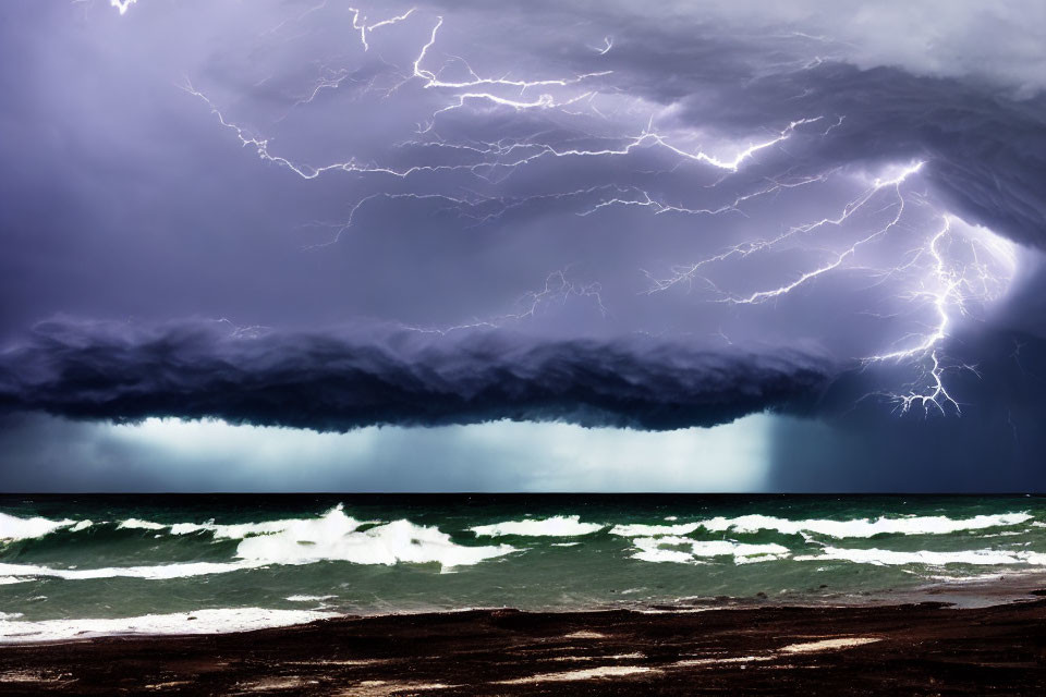 Dramatic storm scene with lightning bolts over turbulent sea