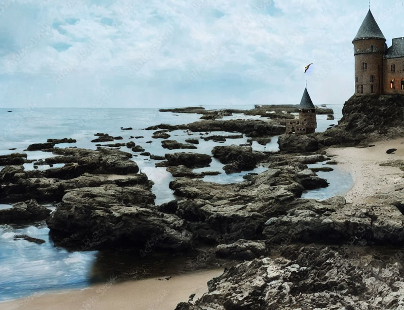 Coastal scene with castle tower, rocky foreground, bird in flight, cloudy sky