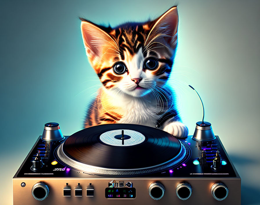 Cute Kitten with Tiger Stripes DJing on Turntable