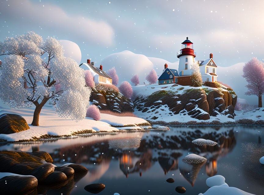 Snow-covered hill with red and white lighthouse in serene winter landscape