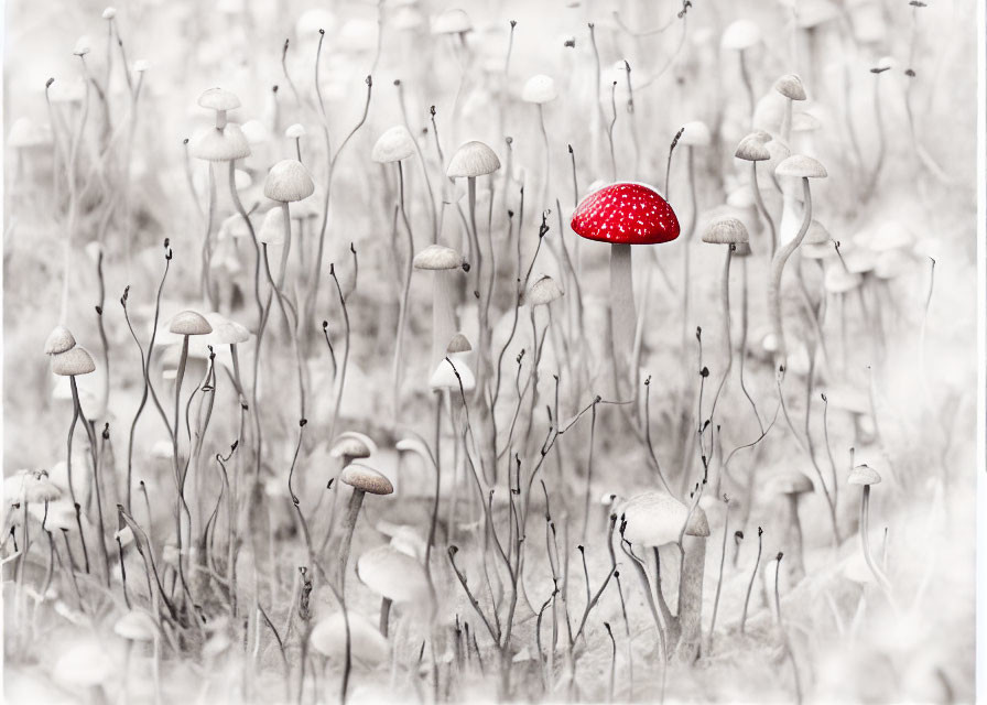 Vibrant red toadstool in monochrome mushroom landscape