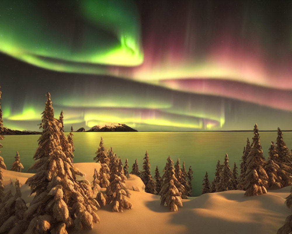 Snow-covered trees and frozen lake under northern lights