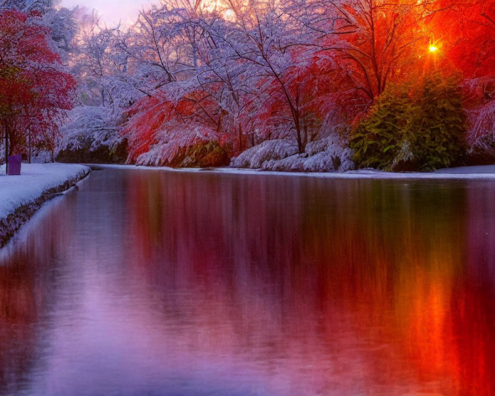 Tranquil Winter River Scene with Snow-Covered Trees at Dusk