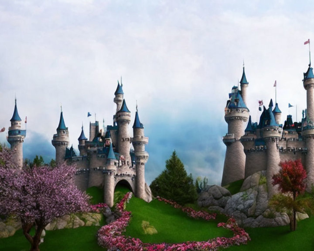 Enchanting fairy-tale castle in lush greenery and pink blossoming trees