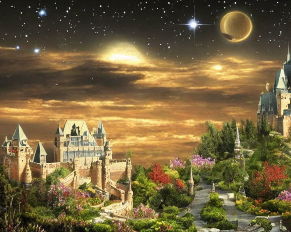 Majestic castles in fantasy landscape with gardens under starry sky