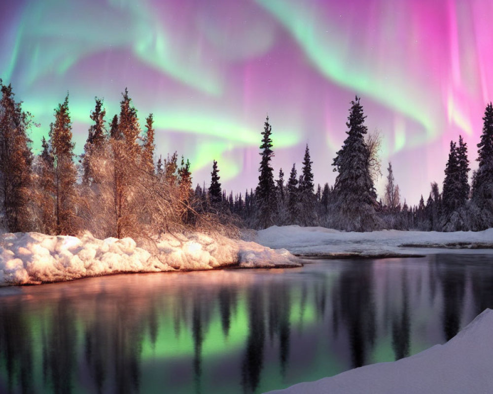 Northern Lights illuminate snowy landscape with river and trees at twilight