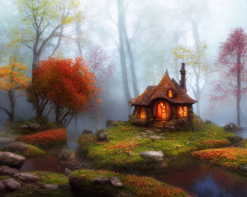 Thatched roof cottage in foggy forest with autumn foliage and stream